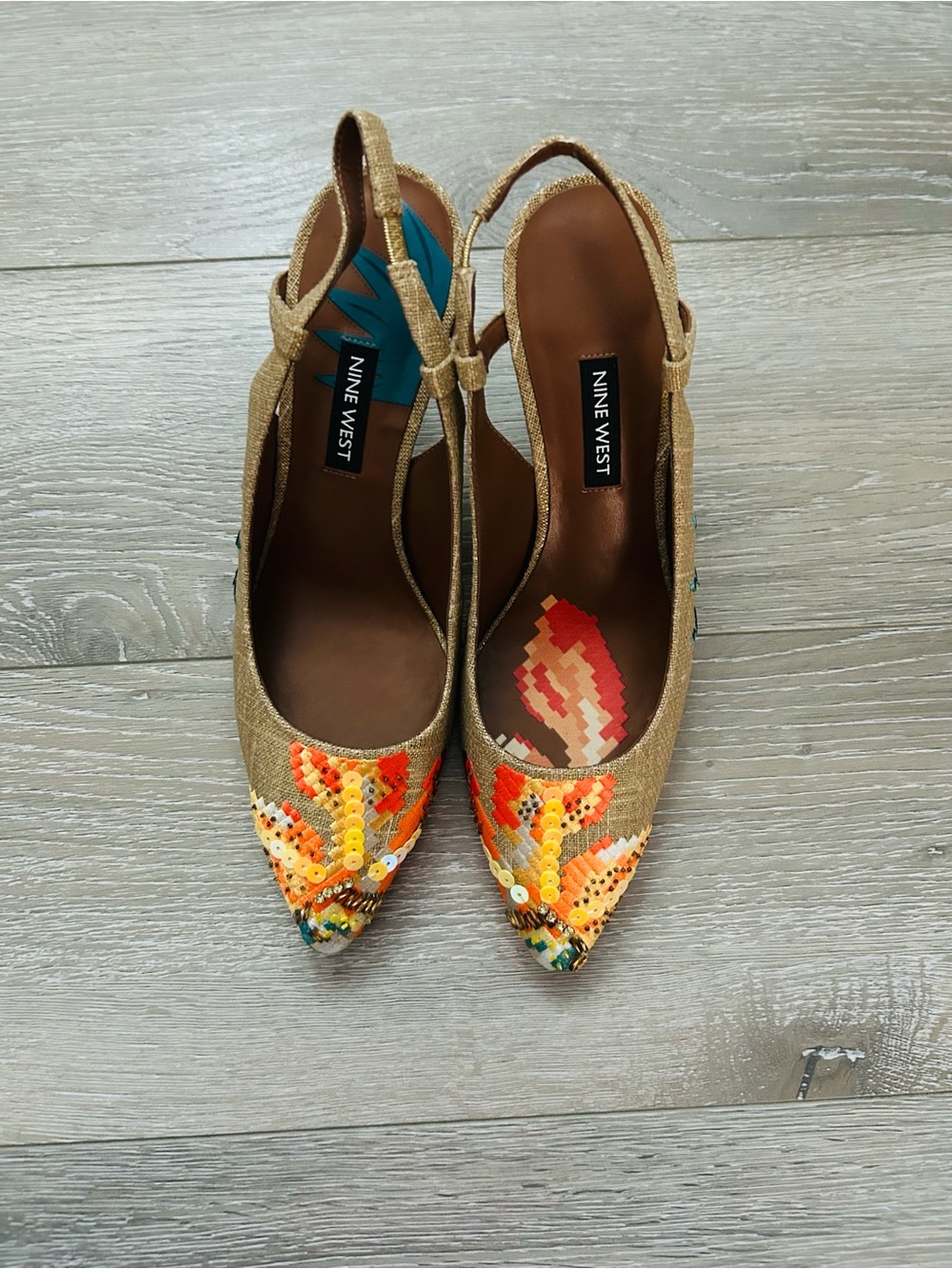 Nine West Gold Metallic Pointed Toed Slingback Heels with Sequin Accents